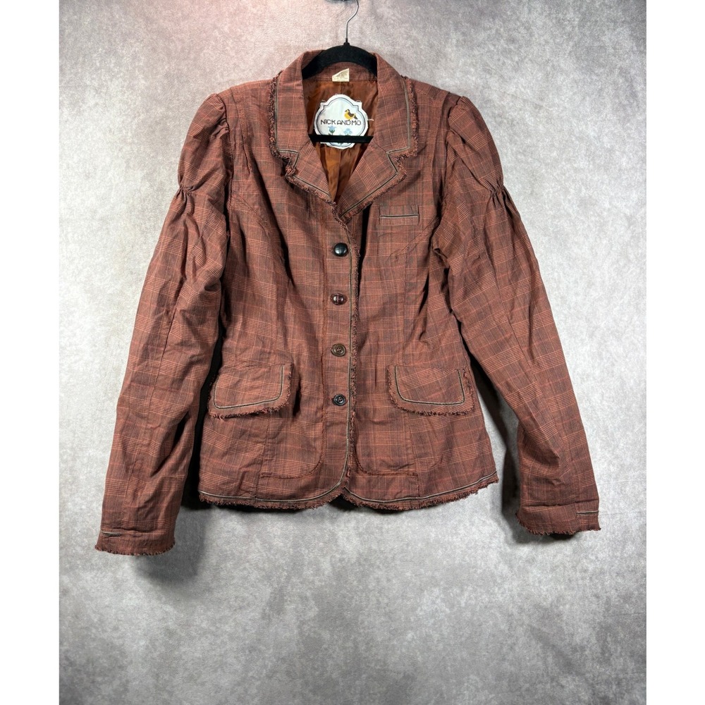 Nick and Mo Blazer Women Medium Brown Plaid Victorian Raw Hem Puff Sleeve Cotton